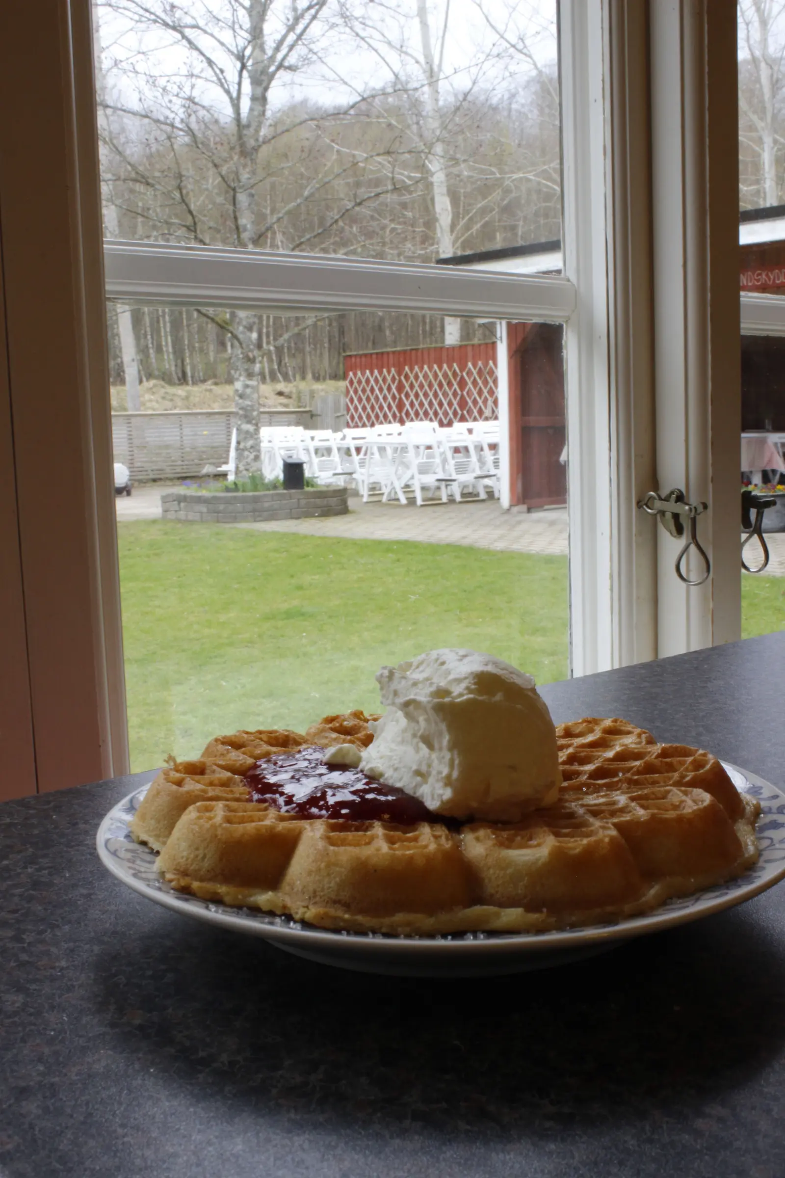 Våffla med sylt och grädde vid fönstret med utsikt över trädgården